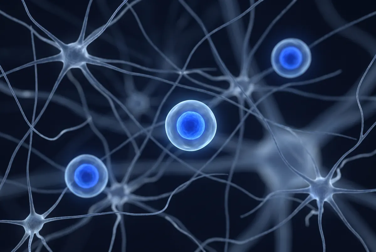 Illustration: a web of pale nerve cells and fine branches, with three glowing blue cells among them.