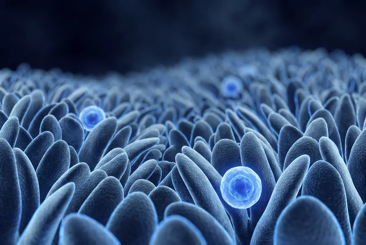 Illustration: a dense field of small, soft villi lining the intestine, with a few glowing blue cells among them.
