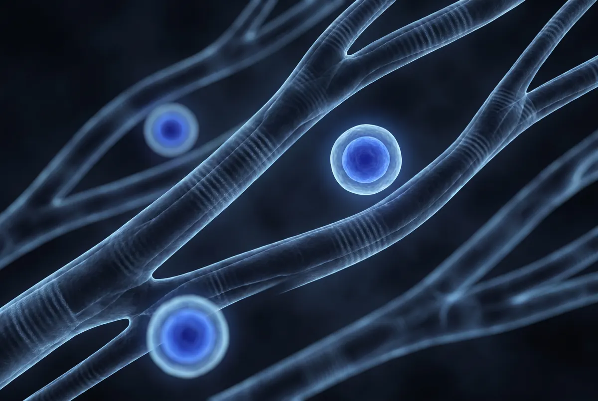 Illustration: branching, striped heart muscle fibers with three glowing blue cells resting between them.