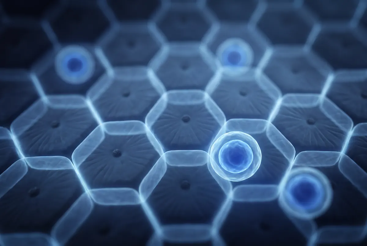 Illustration: a honeycomb of six-sided liver lobules, each with a small central vein, with a few glowing blue cells on top.