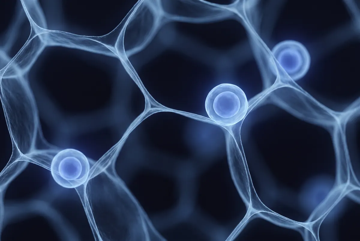Illustration: a lacy network of thin-walled air sacs, with three glowing blue cells resting on the walls.