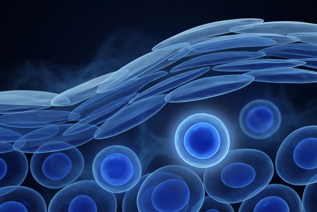 Illustration: layers of skin cells, flat on top and rounder below, with one brighter glowing blue cell in the deeper layer.