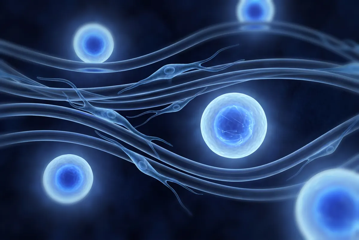 Illustration: long, wavy nerve fibers and slender support cells, with round glowing blue cells alongside.