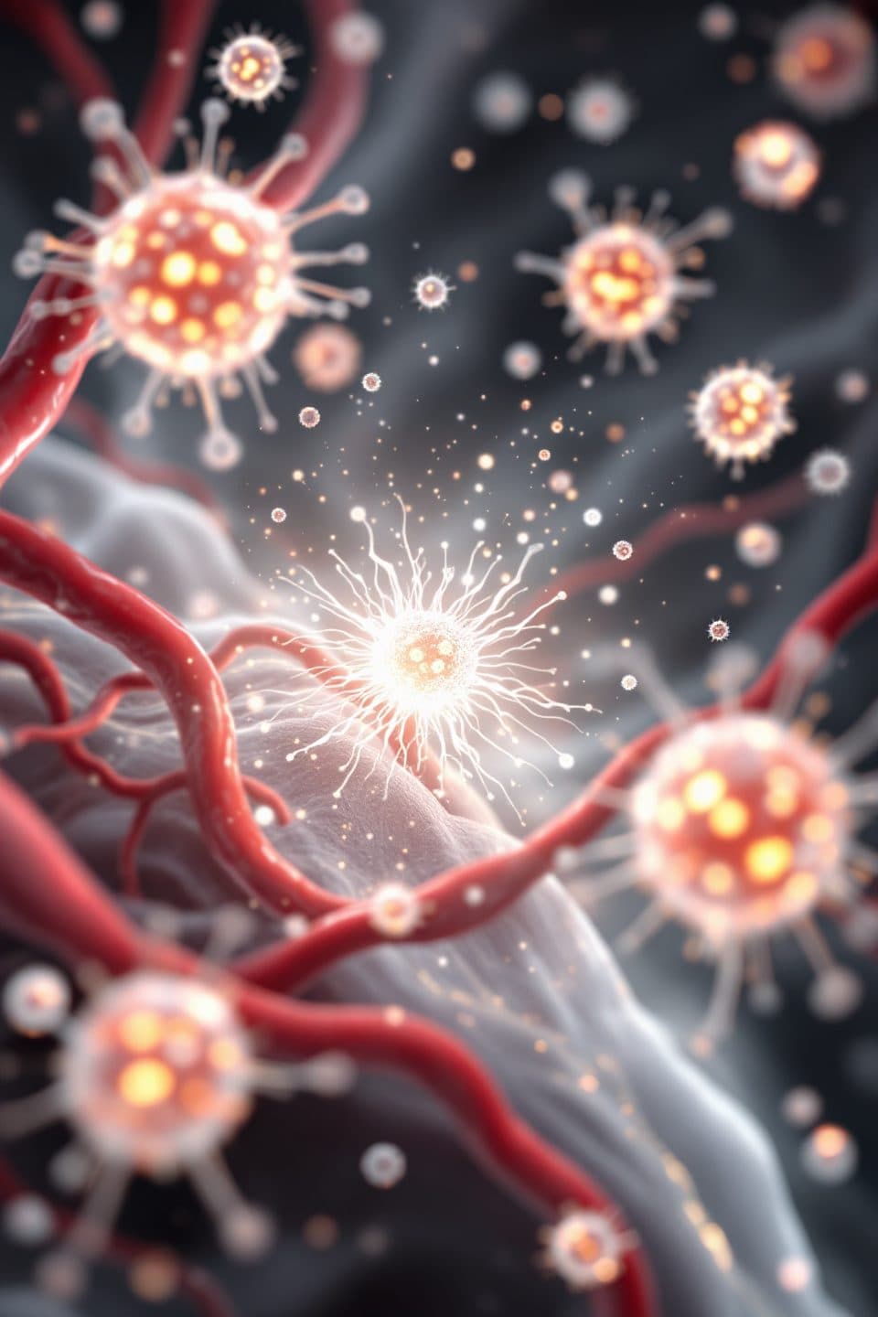 Glowing cells gathering along red blood vessels, one releasing bright signals