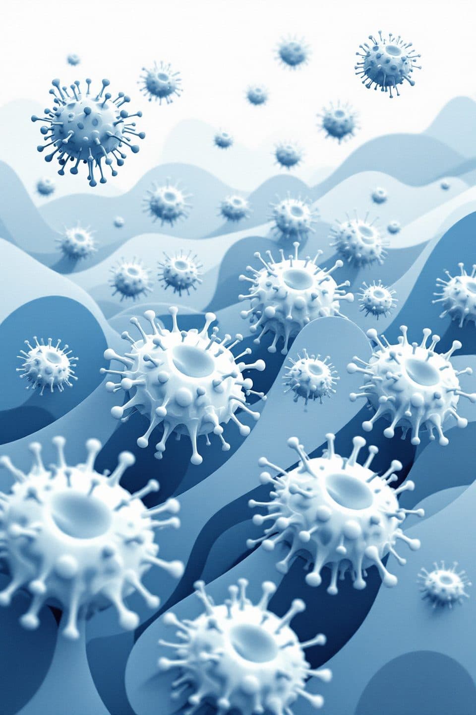Illustration of white spiked cells drifting over layered blue waves
