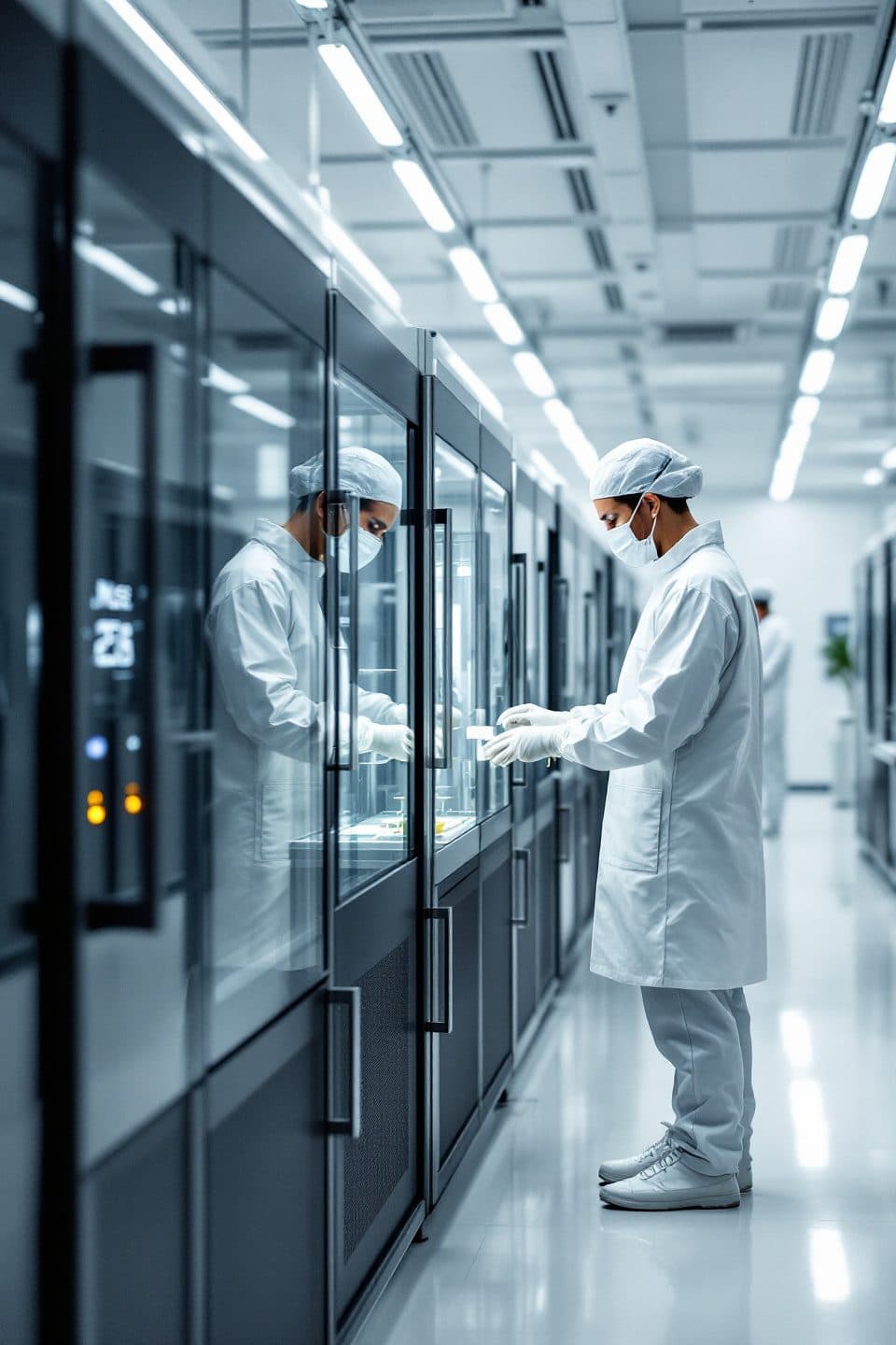A technician in cleanroom gear working at a glass cabinet, reflected in its door, in a cell processing lab