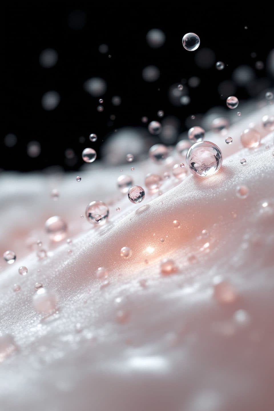 Close-up of small droplets resting on a pale pink tissue surface