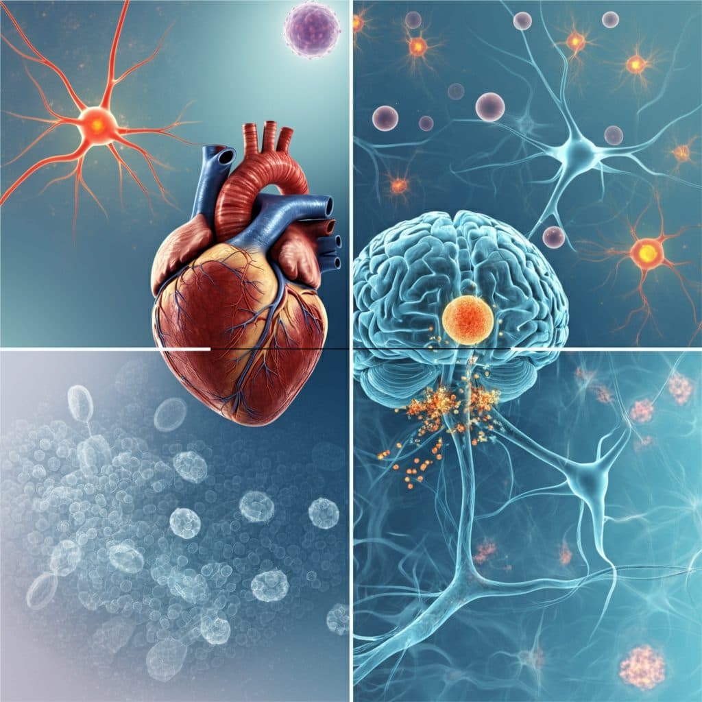 Collage of a human heart, a brain and nerve cells