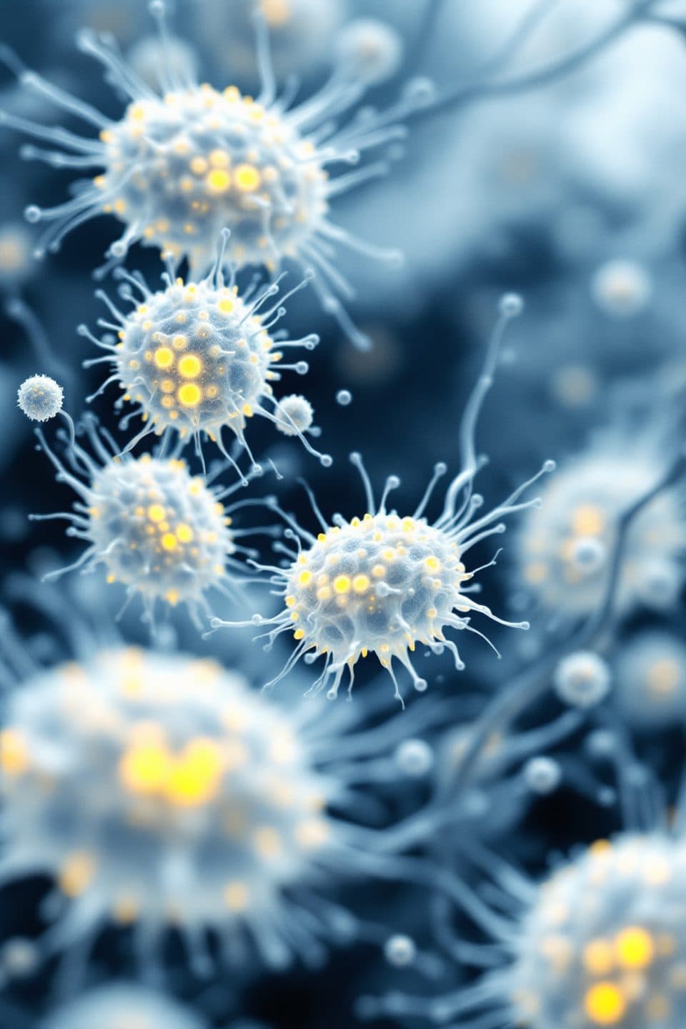 Illustration of round Muse cells with fine projections and glowing yellow spots against a blue background