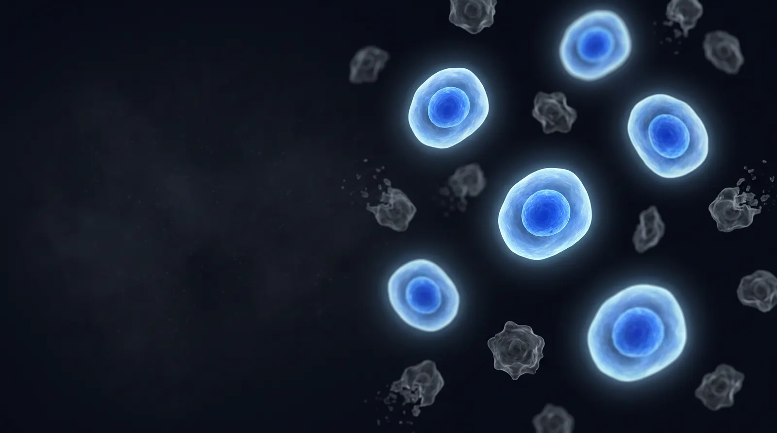 Illustration: six glowing blue cells stay whole while smaller gray cells around them shrivel and break into fragments.