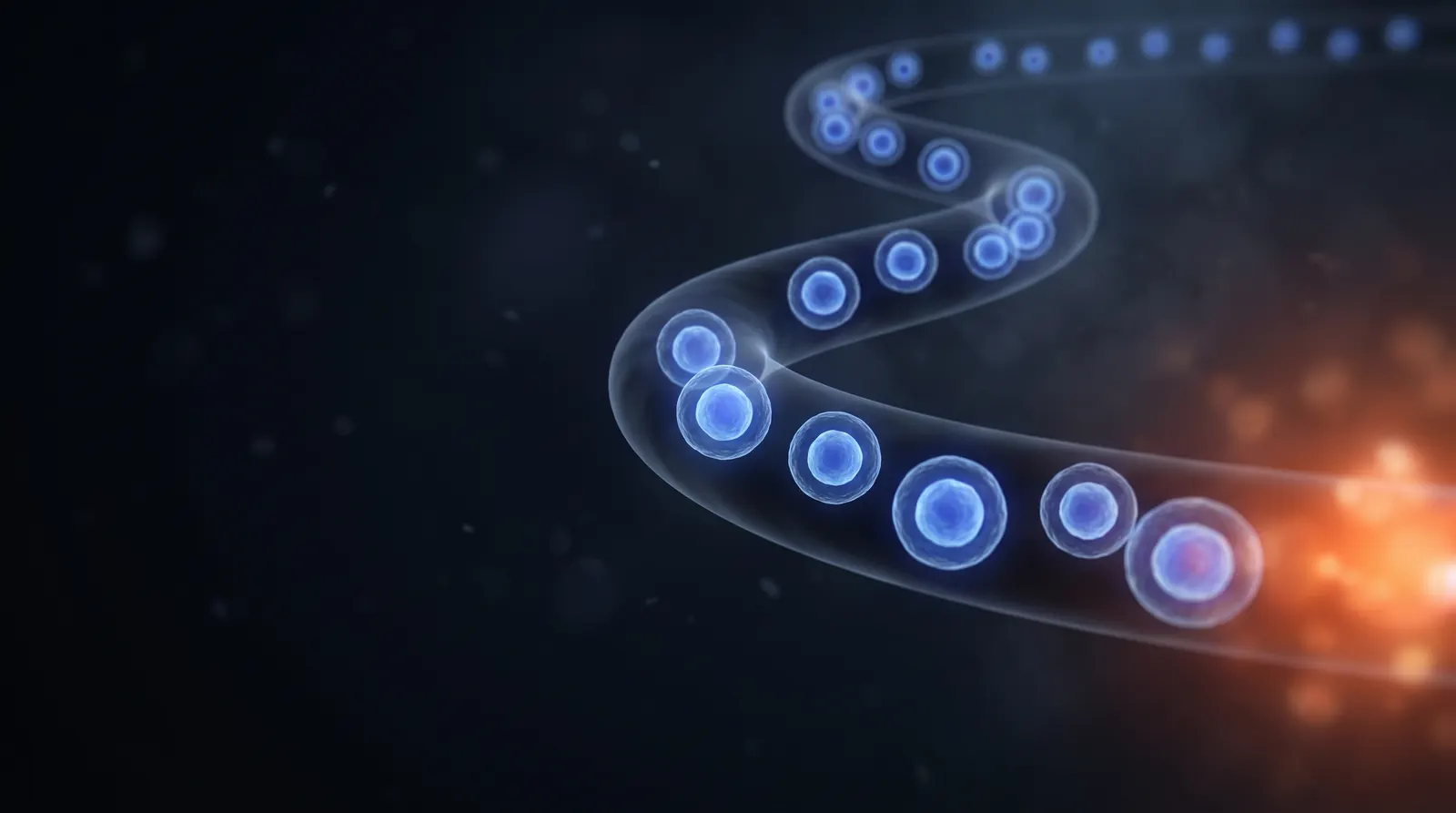 Illustration: a line of glowing blue cells travels along a winding, transparent vessel toward a warm orange glow of injured tissue.