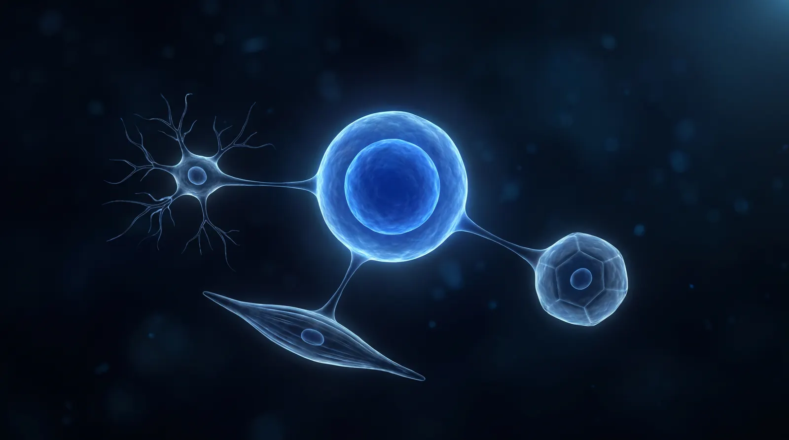 Illustration: one glowing blue cell linked to three different cell types: a branching nerve cell, a long spindle-shaped muscle cell and a many-sided liver cell.