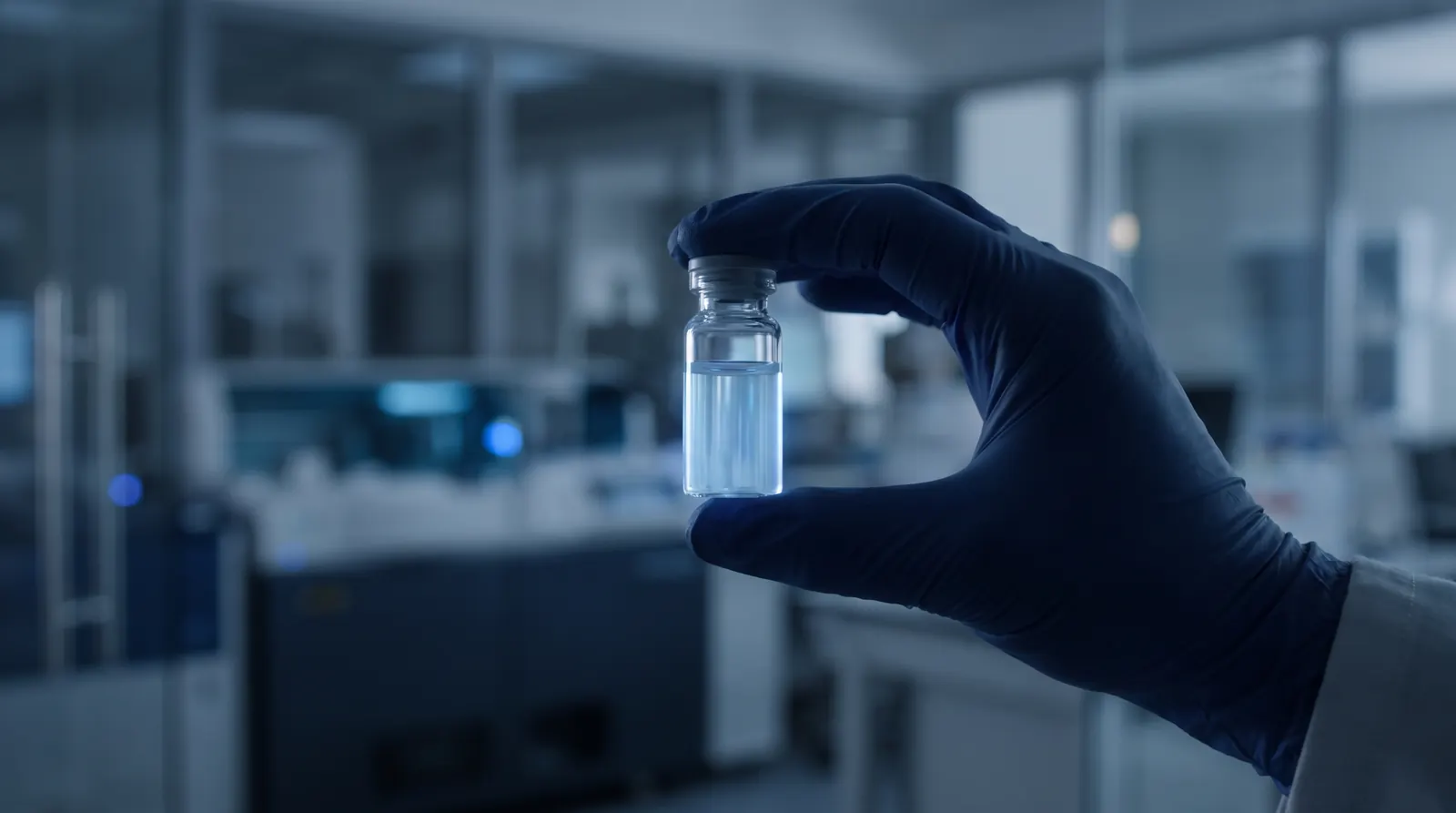 Illustration: a gloved hand holds a small, unlabeled glass vial of pale liquid in a softly blurred laboratory.