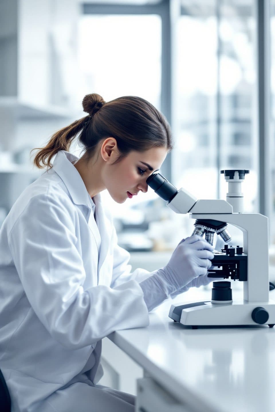 Scientist in a lab coat looking through a microscope in a bright laboratory