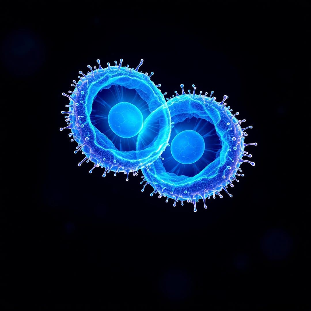 Two glowing blue cells joined side by side against a black background